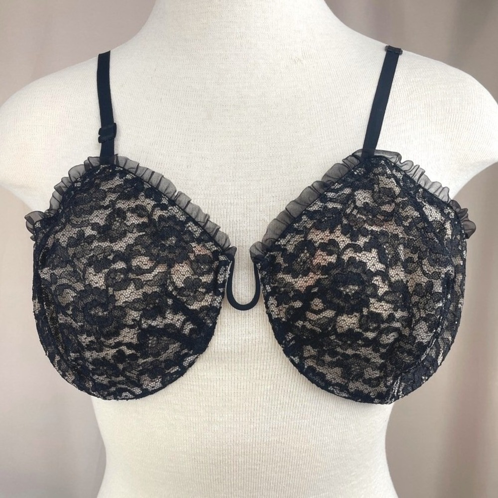Vintage 50s LEJABY Black Monowire Lace Bra (32) French Lingerie Coquette Goth‎